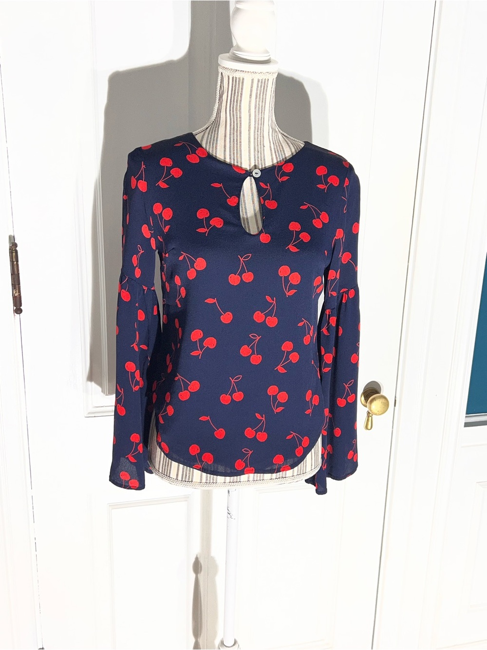 Lucy Love Navy Long-Sleeve Top with Red Cherry Print